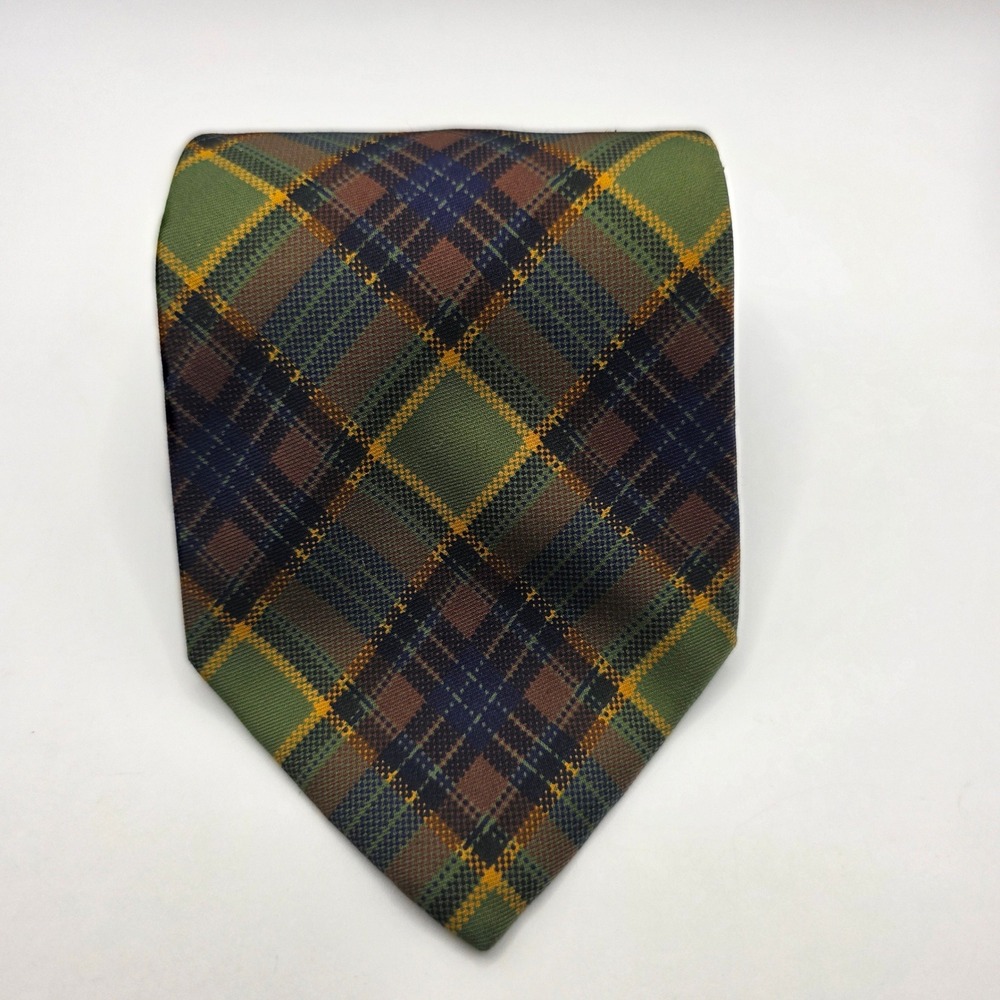 Abercrombie & Fitch Vintage Silk Plaid Tie Green Brown Yellow Hand Made USA